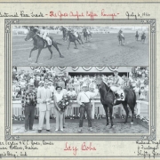 Montage of horse racing at Centennial Race track in Littleton, Arapahoe County, Colorado. The upper photo shows the winning horse (Say Boba), the second place horse (Naya's Day), the third place horse (Shifty Jean) and jockeys as they race toward the finish line. The lower photo shows the winning horse, "Say Boba", with jockey Richard Wright, owners Ponder Verdin and R.C. Jones, and trainer Lyman Rollins. Crowds of people are in the stands.
