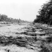 View of a Cherry Creek flood in Denver, Colorado after the Castlewood Canyon Dam break; shows torrents of muddy water, landscaping, and parked cars.