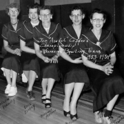 Group portrait of women in Denver, Colorado. They are (L to R) Helen Pinney, Dora Esarey, Margaret Morgan, Jo Jericho, and Dottie Smith (Captain).