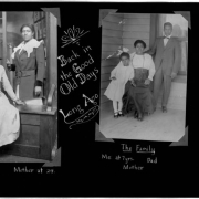 Text and annotations on album page read: "[ARL-88] Mother at 24; a friend, [ARL-89] The Family: Me at 7 yrs., Mother, Dad." The photographic prints on album page show: Sarah Garrett and friend, two African American women; Marie Anderson (later Marie L. Greenwood), an African American girl and her parents, Joseph and Sarah Anderson.