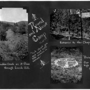 Text and annotations on album page read: "[ARL-106] Boulder Creek as it flows through Lincoln Hills, [ARL-107] Entrance to the Chapel, [ARL-108] 'Divine Love' Our little secret high up in the Rockies." The photographic prints on album page show: South Boulder Creek; the entrance to the chapel; view of rocks placed in the shape of a cross within a circle at Camp Nizhoni in Lincoln Hills (Gilpin County), Colorado.