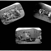 Text and annotations on album page read: "[ARL-169], [ARL-170] and [ARL-171] Camp Nizhoni." The photographic prints on album page show: group of African American campers by a truck at Camp Nizhoni; group of African American campers as they board a D.& R.G.W. train; four African American campers posed near a Ford truck at Camp Nizhoni in Lincoln Hills (Gilpin County), Colorado.