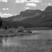 An unidentified man stands in water up to his thighs fishing in Trappers Lake in the Flat Tops Wilderness in Garfield County, Colorado. He is partially blocked by a shrub and marshy grass. A large rock cliff tops the ridge of mountains in the distance on the far shore of the lake. Tall pine trees also stand on the shore of the lake in the background. Blades of marshy grass protrude into the foreground.