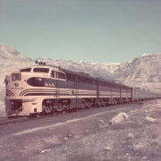 Denver and Rio Grande Western engine #601 pulls the California Zephyr westbound at the east switch in the Grand Valley, in Mesa County, Colorado.