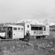 Three-quarter view of left side of motor car, from front end, close view; Galloping Goose, with C.A. Rhodes; scenic. Photographed: Peak, Colorado, May 23, 1951.