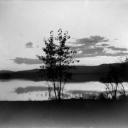A few trees are on the near shore of Flathead Lake in western Montana in a view during sunset. Several clouds line the sky above a ridge of mountains in the distance.