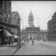 View of 17th (Seventeenth) Street toward Union Station and Mizpah or "Welcome" Arch, Denver, Colorado.  The arch was dedicated July 4,  1906. Both sides carried the word "Welcome" until 1908, when the word "Mizpah" replaced one side.