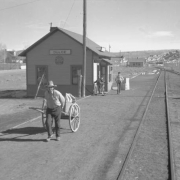 A North American Indian man wears a cowboy hat and pulls a cart with mail bags beside Denver and Rio Grande Western Railroad tracks at the passenger depot in Dulce (Rio Arriba County), New Mexico. Two boys, one with a bicycle, are beside the depot. Signs read: "Dulce" and "Western Union Telegraph and Cable Office." Shows houses, dirt roads, and snow on nearby hills.