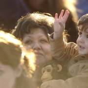 04/20/2004 Littleton, Colo.-A child waves to the sky as  doves, representing those killed in the Columbine shootings, fly away near the end of a ceremony marking the fifth anniversary of the Columbine shootings Tuesday, April 20, at Clement Park in Lit...