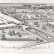 Perspective (aerial) of the modern style Mullen High School (Catholic) campus, 3601 South Lowell Boulevard, Fort Logan neighborhood, Denver, Colorado, ca. 1964. The perspective shows the location of the gymnasium, classroom and administration buildings in relation to the parking and lawn areas.