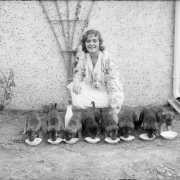 A woman smiles, she poses with a line of puppy dogs eating from bowls, probably in Denver, Colorado.