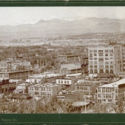 A panoramic view of Denver, Colorado; shows the Brown Palace Hotel and the Kittredge building.