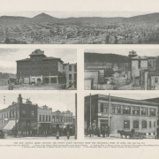 Views of Cripple Creek (Teller County), Colorado, after a fire. Shows hotels, businesses, streets, pedestrians, horse drawn wagons, and the Bimetallic Bank. Shows fire damaged buildings under repair and rubble strewn streets.