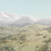 Panoramic view of Marshall Pass in Chaffee County Colorado. Shows Denver and Rio Grande trains on switchbacks on the pass. , Mount Ouray is in the distance.