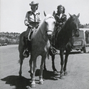 The Hulett Rodeo Queen and her lady in waiting pose on horseback at the Hulett Rodeo in Hulett (Crook County), Wyoming.
