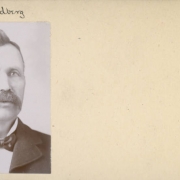 Studio portrait of Andrew Sandberg, a miner in Alice (AKA Silver City, Yorktown, Clear Creek County), Colorado. His hair is combed back, he has a cowlick and a heavy mustache.  He wears a dark jacket, and a shirt with an upstanding collar and a silk bow tie.