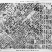 One image out of a set of 92 original 100 black and white glass plate negatives, used by Jasper King to reproduce aerial photographs of the city of Denver, Colo. based on a defined, numbered grid of 100 aerials.