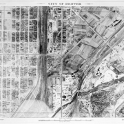 One image out of a set of 92 original 100 black and white glass plate negatives, used by Jasper King to reproduce aerial photographs of the city of Denver, Colo. based on a defined, numbered grid of 100 aerials.