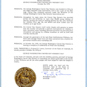 On October 20, 1978, Governor Richard Lamm issued a proclamation announcing that date as official "George Washington Carver Day Nursery Day." The proclamation references the "more than 30,000 young children" the school had "provided loving care and attention to" since it's inception in 1916. This document is the official proclamation.