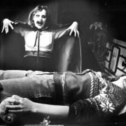 Pam Bakeman, dressed as a vampire, with Sharon Terrion at the Arapahoe Community College blood bank. October 30, 1984. Photo by Linda McConnell. Rocky Mountain News Photograph Collection