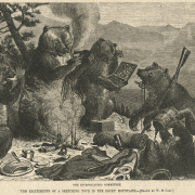 Bears invade a camp site as men and a horse flee down a hillside in the Rocky Mountains. Bears pour a tea kettle over a camp fire, eat food, and loot the contents of containers. One bear holds a rifle.