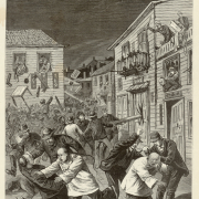 View of an anti-Chinese riot on a street in Denver, Colorado. Rioters assault Chinese men, throw belongings out of windows and use wooden beams to destroy frame buildings. Rioters wear hats and sack suits, and Chinese men have queues (braids) and wear shan ku (tunic and trousers) and bu xie (cotton shoes).