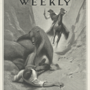 A bear attacks a hunter in a narrow canyon in the Rocky Mountains. The man has fallen to the ground; his shirt is torn at the shoulder and his bowie knife is out of reach on the ground. A second hunter on horseback holds a pistol, and approaches the bear.