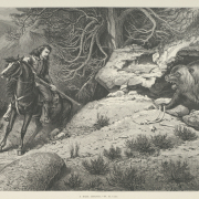 A man with long hair, a fringed buckskin shirt and a rifle, is on horseback in front of a bear. Rib bones are on the ground outside the den or cave. Mountains are in the distance.