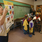 Teacher, Norma Trujillo goes over colors with her class of Somali Bantu refugees. 