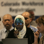 Somali refugee Hawa Mohammed (cq), a jobless single mother of 4, tries to register for an annual job fair sponsored by the Colorado Department of Labor at the Colorado Convention Center September 25, 2008