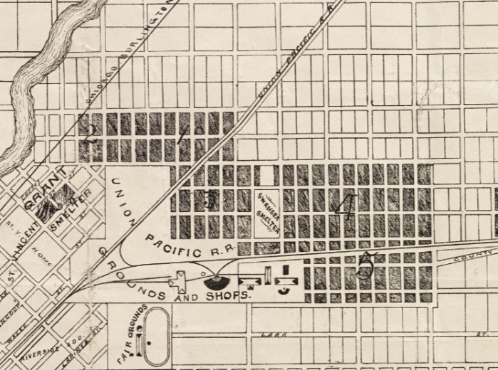 Map c. 1882 locating a portion of A.C. Fisk’s Denver Land and Improvement Company (shaded) 