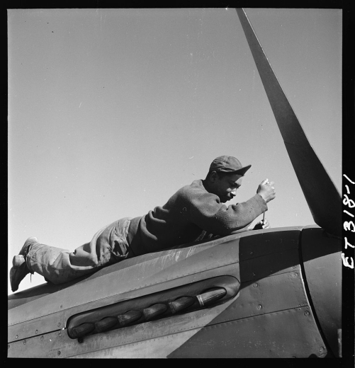 Crew chief Marcellus G. Smith, Louisville, KY, 100th F.S., Ramitelli, Italy, March, 1945