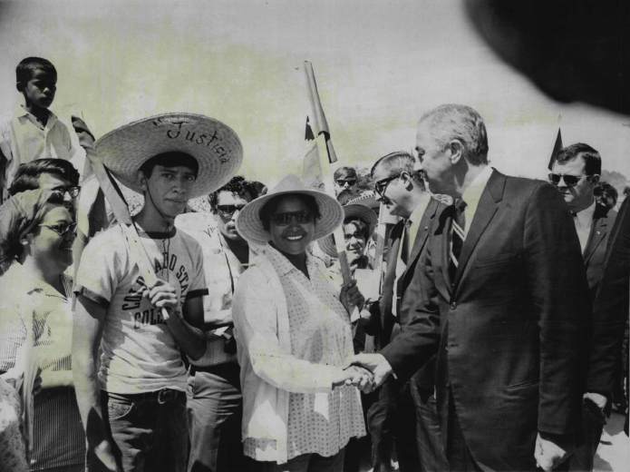 Senator Eugene McCarty meets with Lupe and striking workers July 1968