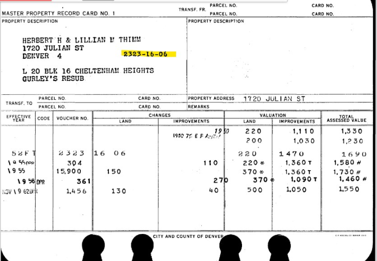 Parcel card for 1720 Julian Street in Denver.