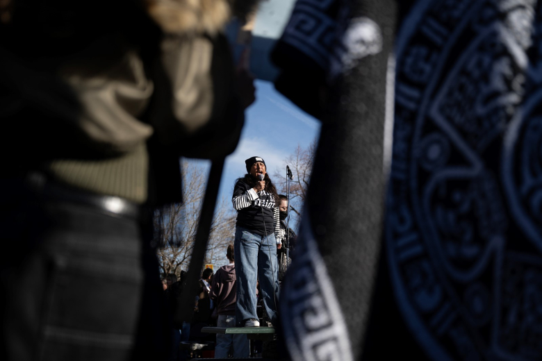 Activist Jeanette Vizguerra leads an anti-Trump chant during a gathering at La Alma-Lincoln Park on Friday, Jan. 30, 2026, in Aurora, Colo.