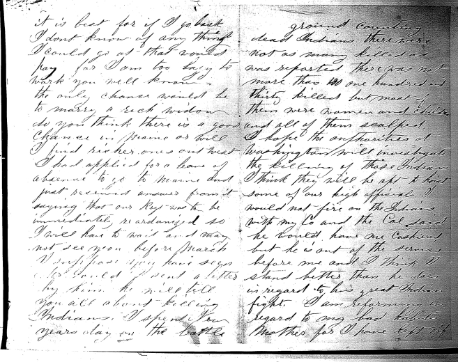 A letter from Silas to his mother in January of 1865. He states that he had to spend New Years' Day "counting dead Indians" after Sand Creek.
