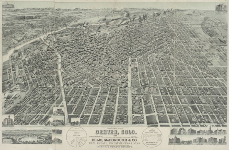 1889 perspective map of Denver