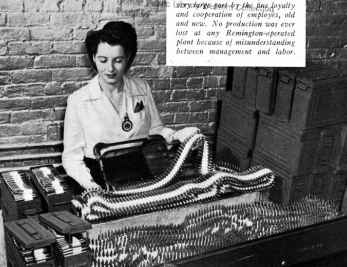 Women at the Remington-operated Denver (Colorado) Ordnance Plant handle ammunition belts; shows metal boxes for storage, a woman working over a bin of bullets, and a man working at a lathe.