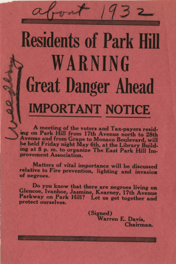 Flyer with text "Residents of Park Hill Warning: Great Danger Ahead"