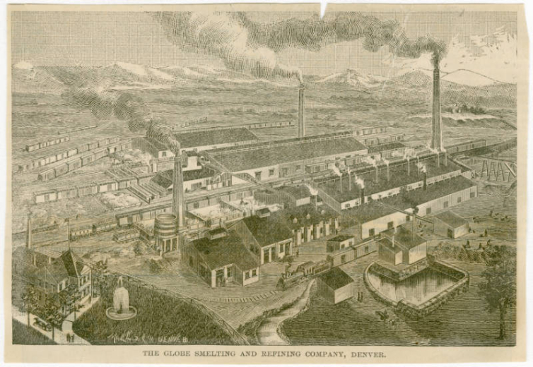 Etching of the Globe Smelting and Refining Company complex located in the Globeville neighborhood of Denver, Colorado.