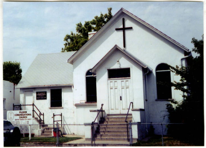 Photograph of the exterior of the Plymouth Congregational Church, located in the Elyria-Swansea neighborhood of Denver, Colorado.