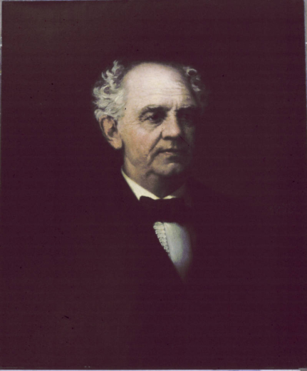 A bust (3/4 view) portrait of Mr. P. T. Barnum. His hair is white, curly and bald at the very top; he wears a pleated shirt, black bowtie and jacket. The background is dark green, brown and black; the painting itself is on rectangular linen canvas with four wood stretchers.