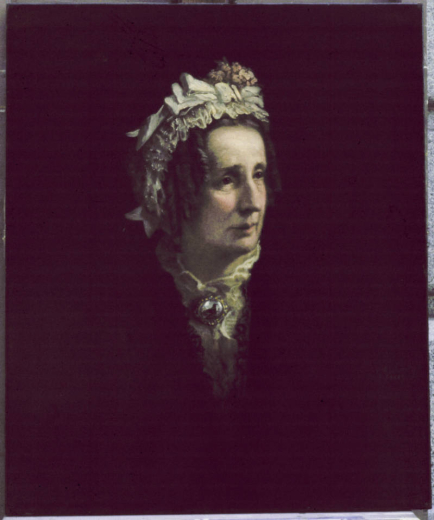 A bust (3/4 view) portrait of Mrs. P. T. Barnum [Nancy Fish Barnum?]. She wears an ivory lace cap with a bow in the front and red flower on one side of her curled hair; a lace collar, circular locket with a bird painting on it and a black bodice with black lace trim. The background is dark green, brown and black. The painting itself is on rectangular linen canvas with four wood stretchers and is not framed.