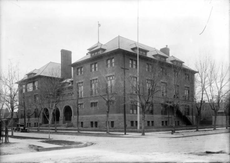 View of West Side High School (Baker Junior High after 1925), at 5th (Fifth) Avenue and Fox Street in Denver, Colorado.