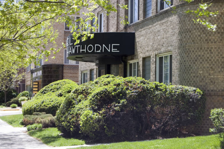 Side view of the Entrance to the Nathaniel Hawthorne Building