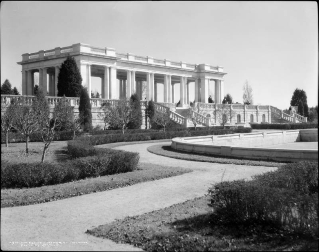 View southeast towards Cheesman Memorial Pavilion in Cheeseman Park, Denver, Colorado.