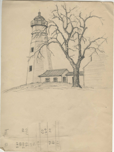 Pencil on paper sketch of a lighthouse, accompanying buildings, and tree ca. 1930.  The drawing was done by Jane Silverstein while she was a student at Lowthorpe School of Landscape Architecture for Women in Groton, Massachusetts.