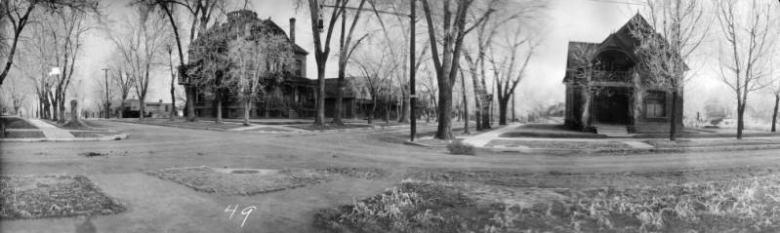 Panoramic view of the intersection of 37th (Thirty-seventh) Avenue and Bryant Street in the Highland neighborhood of Denver, Colorado. Houses that include John Mouat's are near the streets.