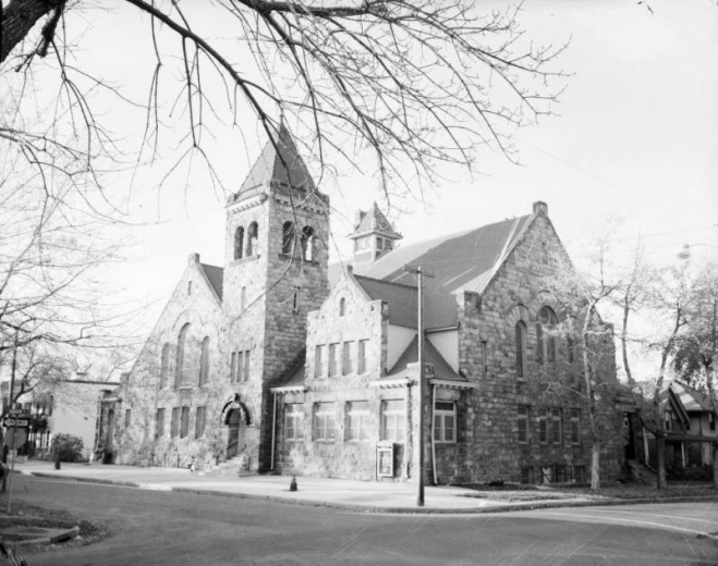 Zion Baptist Church in the Five Points neighborhood of Denver, Colorado.  The building is made of stone and has a bell tower.  "Christ is All" is painted above the entrance.