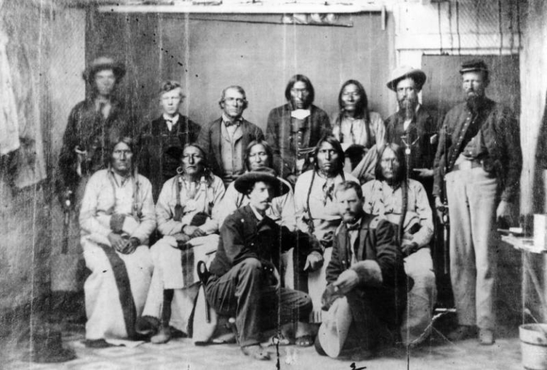Camp Weld Council, Denver. Edward Wynkoop (left) and Silas Soule (right) are at the front of the group.